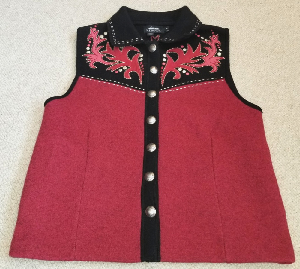 Womens Sweater Vest-ICELANDIC DESIGN-red/black boiled wool Nordic embroidery-S